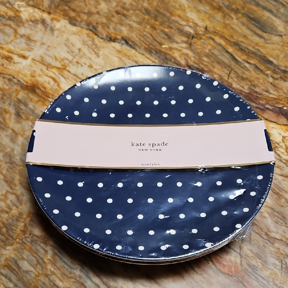 KATE SPADE Dark Blue and White Polka Dot Plates, NEW Set of 2